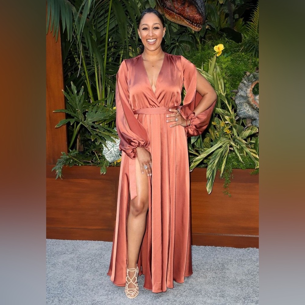 Michael Costello x Revolve Eric Gown in Dusty Coral Peach Bronze Satin High Slit - Picture 7 of 7